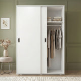[Cool White] Torvek sliding wardrobe one door open showing hanging rail, upper shelf and rolled bedding below