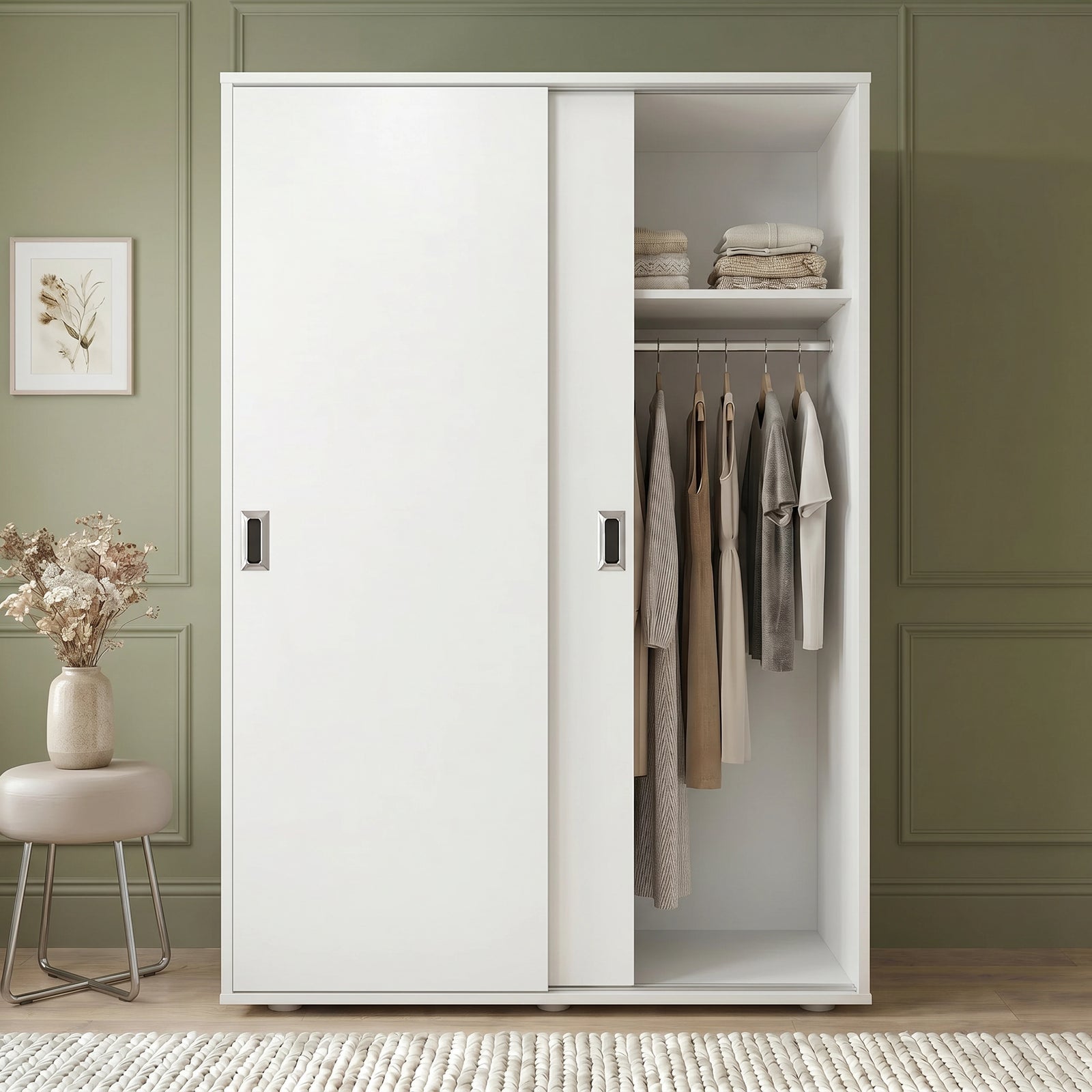 [Cool White] Torvek sliding wardrobe one door open showing hanging rail, upper shelf and rolled bedding below