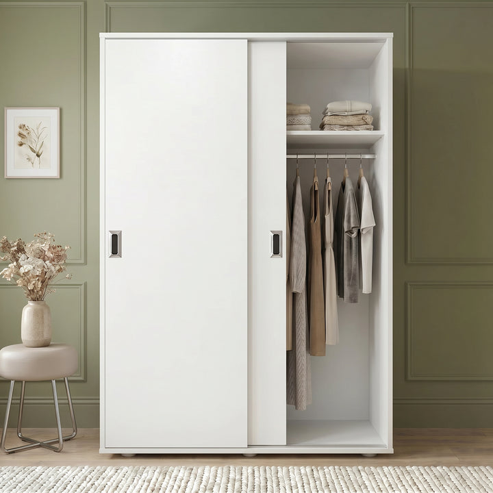 [Cool White] Torvek sliding wardrobe one door open showing hanging rail, upper shelf and rolled bedding below