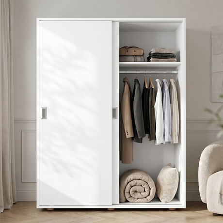 [Cool White] Torvek sliding wardrobe one door open showing hanging rail, upper shelf and rolled bedding below