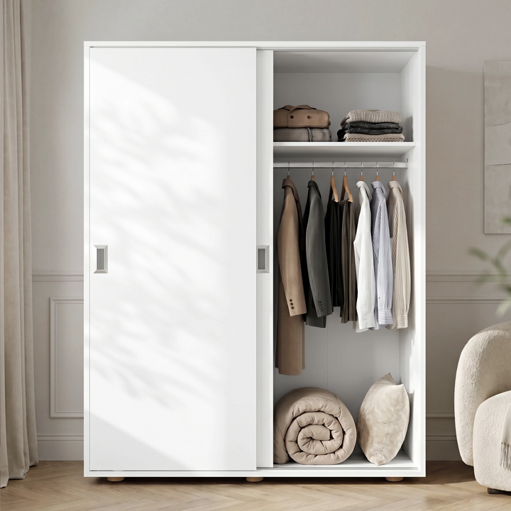 [Cool White] Torvek sliding wardrobe one door open showing hanging rail, upper shelf and rolled bedding below