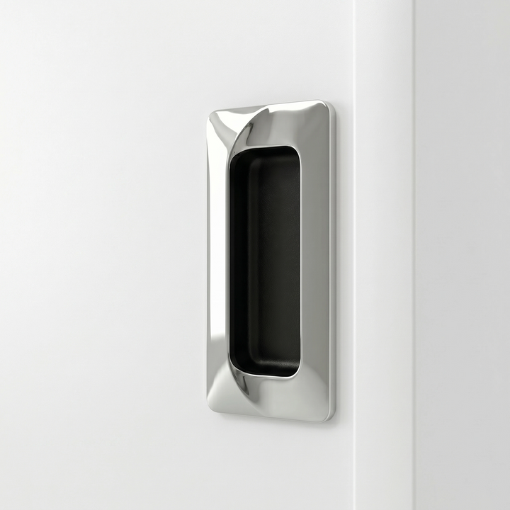[Cool White] Torvek wardrobe close-up of metallic recessed rectangular flush handle on white door panel