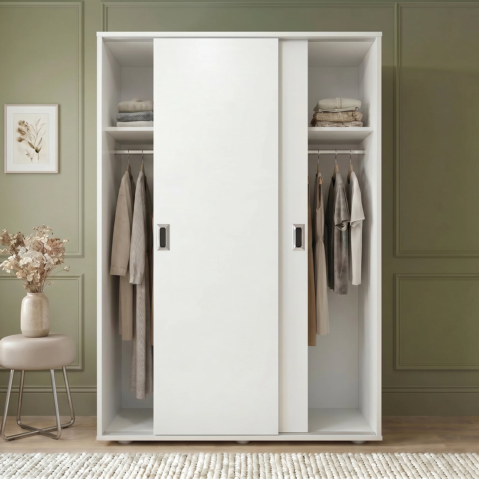 [Cool White]  White wardrobe with clothes in a room with green walls and a small table with flowers.