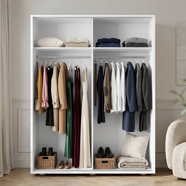 [Cool White] Torvek wardrobe both doors open showing full interior with hanging clothes, upper shelves and floor baskets