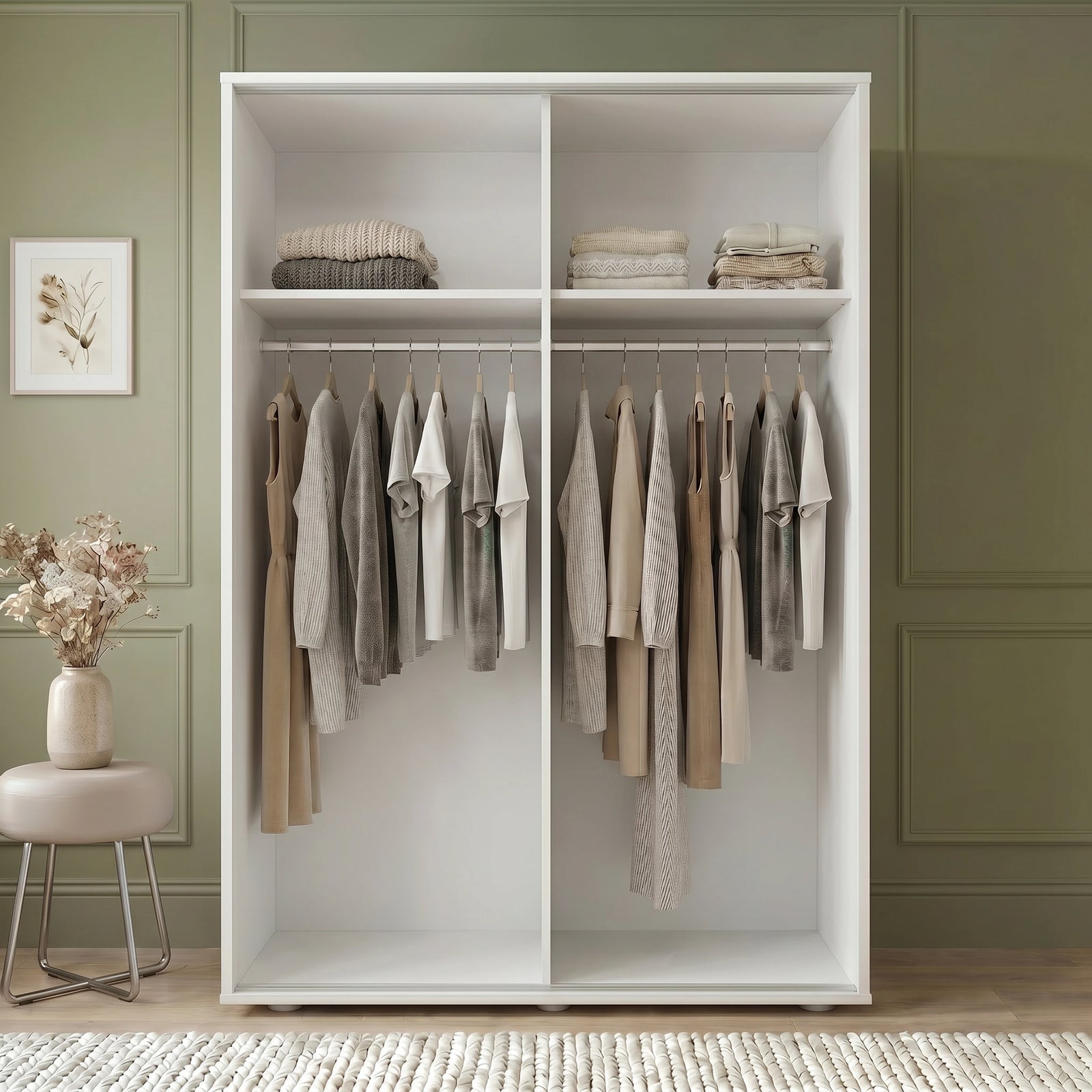 [Cool White] Torvek wardrobe both doors open showing full interior with hanging clothes, upper shelves and floor baskets