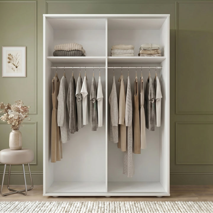 [Cool White] Torvek wardrobe both doors open showing full interior with hanging clothes, upper shelves and floor baskets