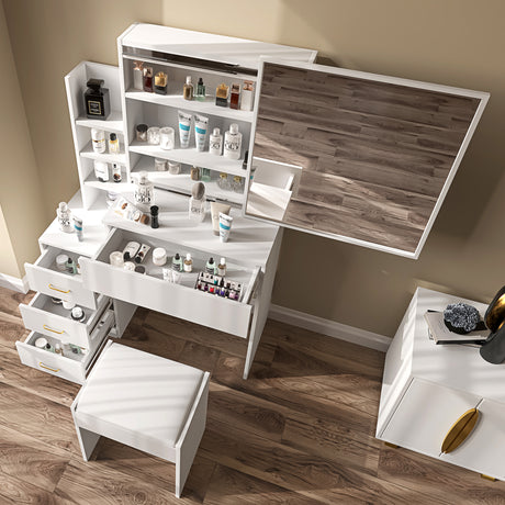 Corner dressing tables with storage drawers and mirror, modern white design for bedrooms