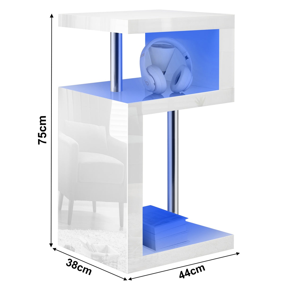 Corner side table for living room, size 75 cm × 44 cm × 38 cm, ideal for modern decor.