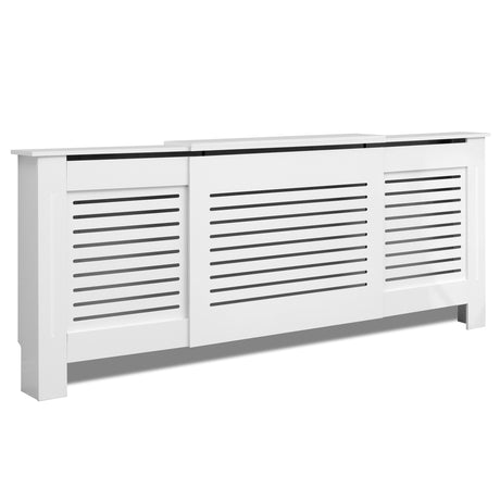 White cover for heater radiator with horizontal slats, designed to conceal pipes.