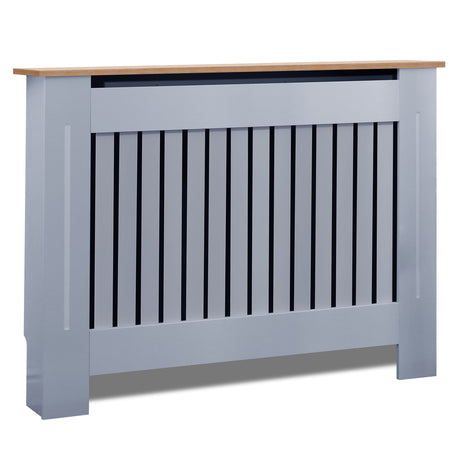 Cover for radiator pipes with a stylish grey slatted design top, perfect for hiding unsightly pipes.