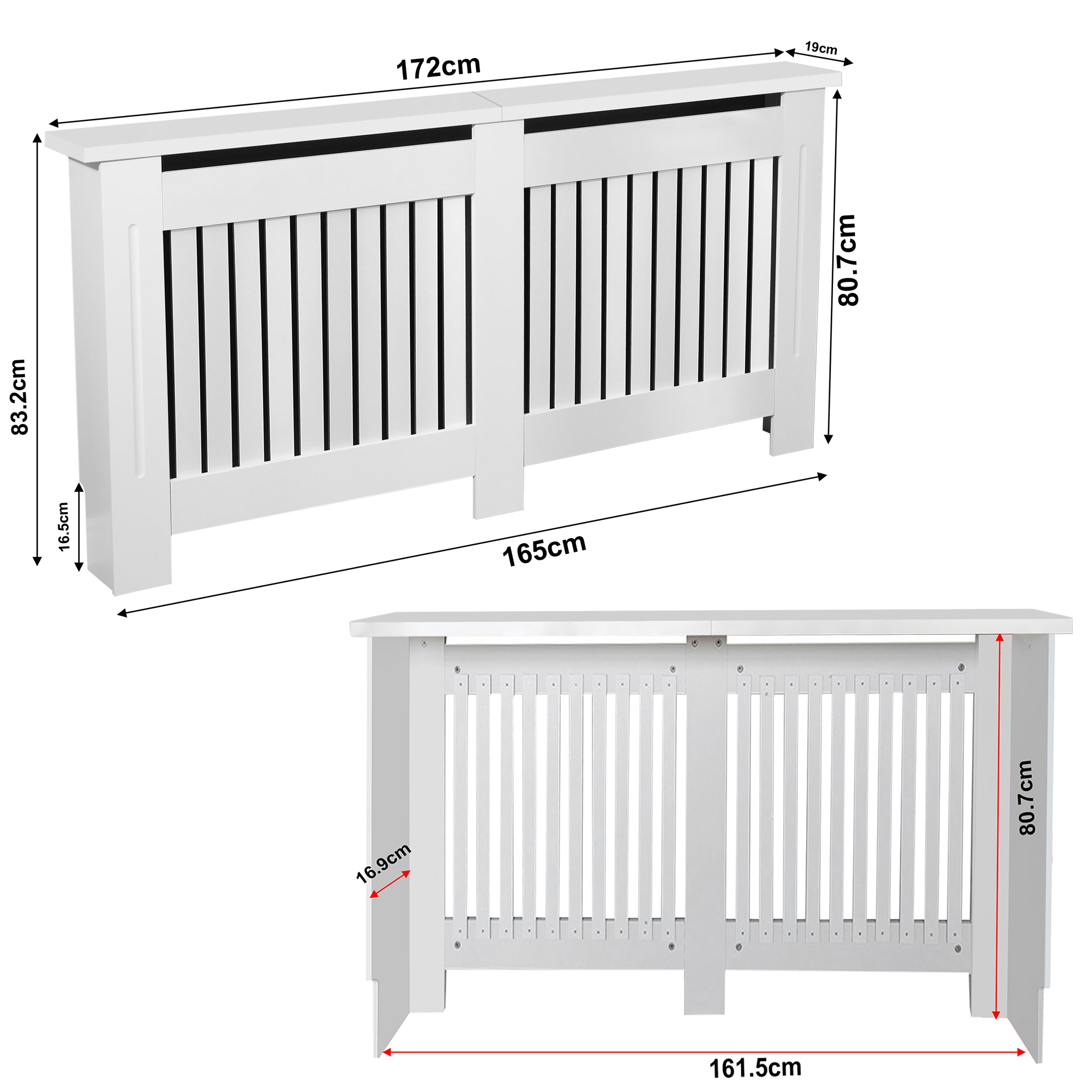 White cover up radiator pipes with slatted design, dimensions shown for 172cm x 83.2cm.