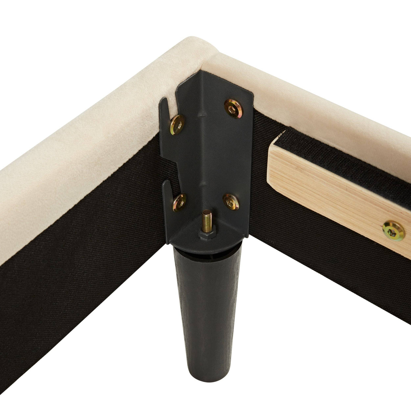 Metal corner bracket and leg attachment on Blisswood Chesterfield bed frame, showcasing durable construction and support.