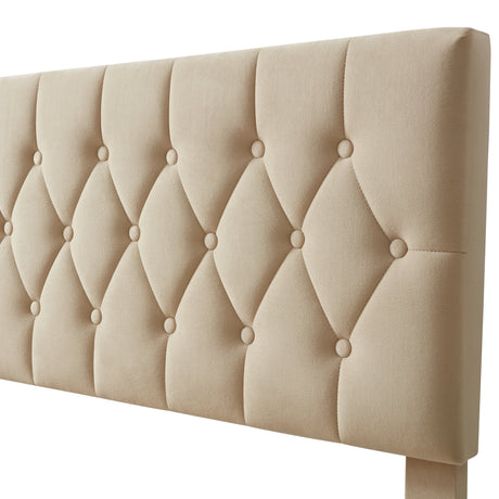 Cream bed frame with a tufted, upholstered headboard featuring button detailing.