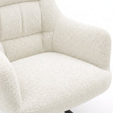 [Cream | Set of 2] Elite swivel dining chair close-up view of boucle seat, rounded arm and stitched multi-panel padded back.
