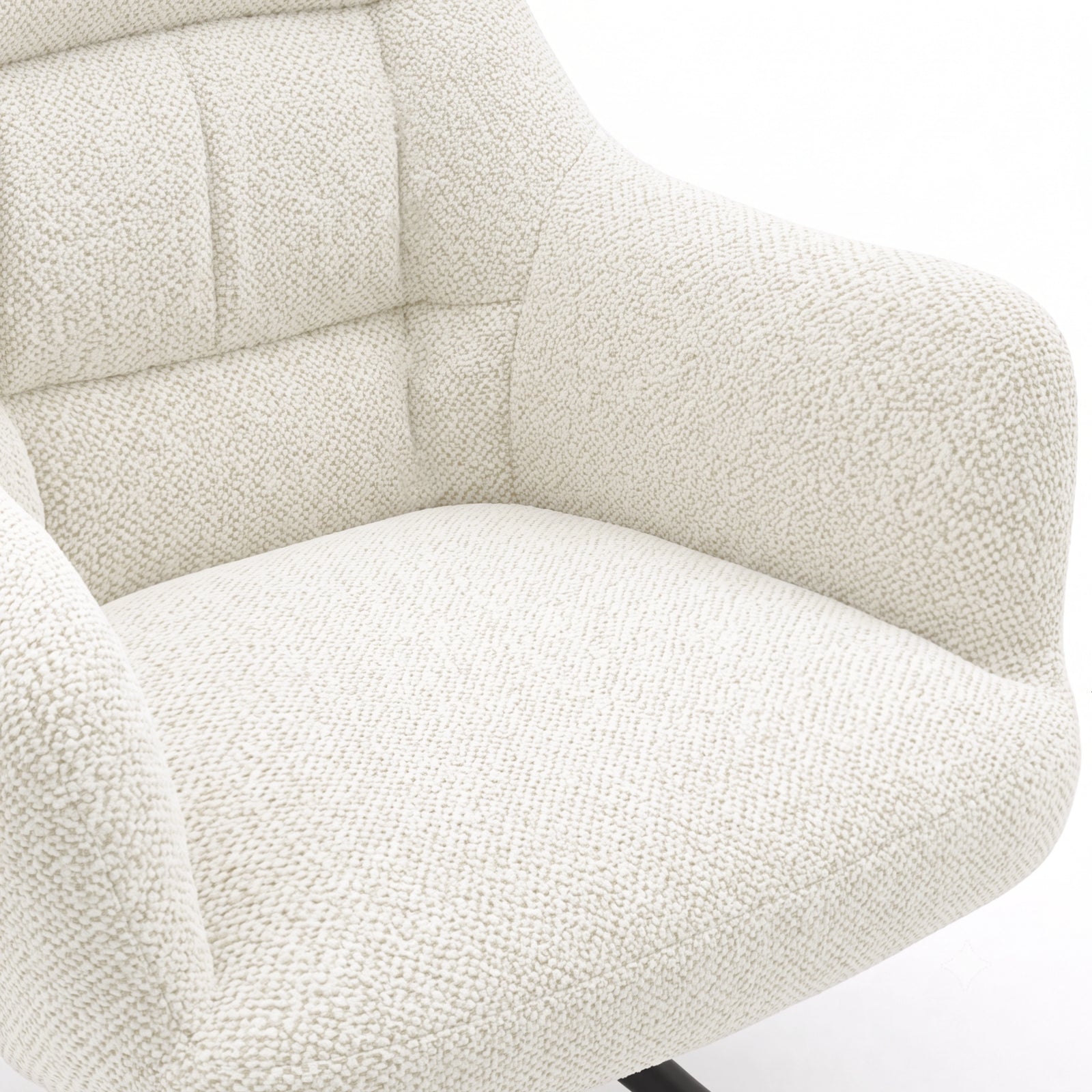 [Cream | Set of 2] Elite swivel dining chair close-up view of boucle seat, rounded arm and stitched multi-panel padded back.