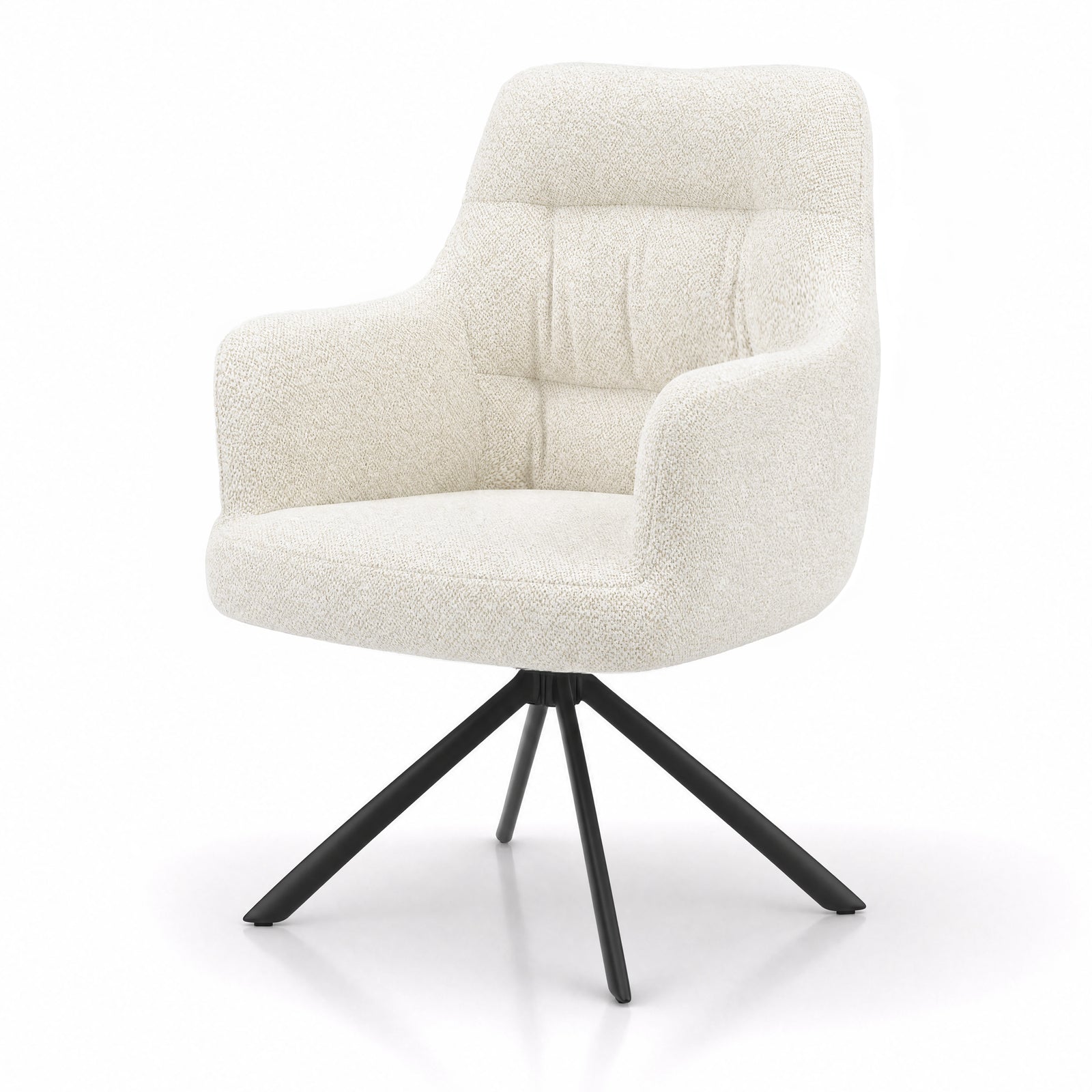[Cream | Set of 2] Angled view of the boucle swivel dining chair with rounded arms, stitched back, deep seat and black base.