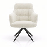 [Cream | Set of 2] Front view of the swivel kitchen chair with rounded arms, stitched padded back, wide tub seat & black legs