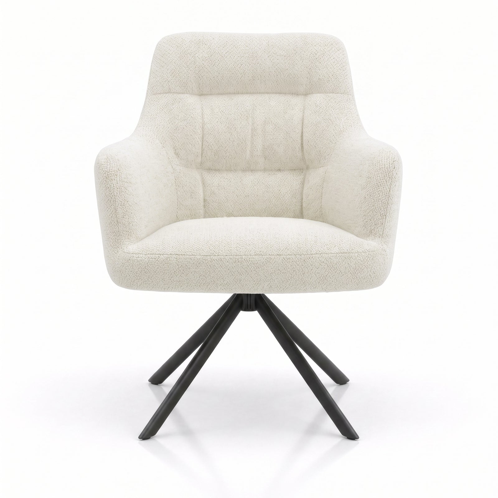 [Cream | Set of 2] Front view of the swivel kitchen chair with rounded arms, stitched padded back, wide tub seat & black legs