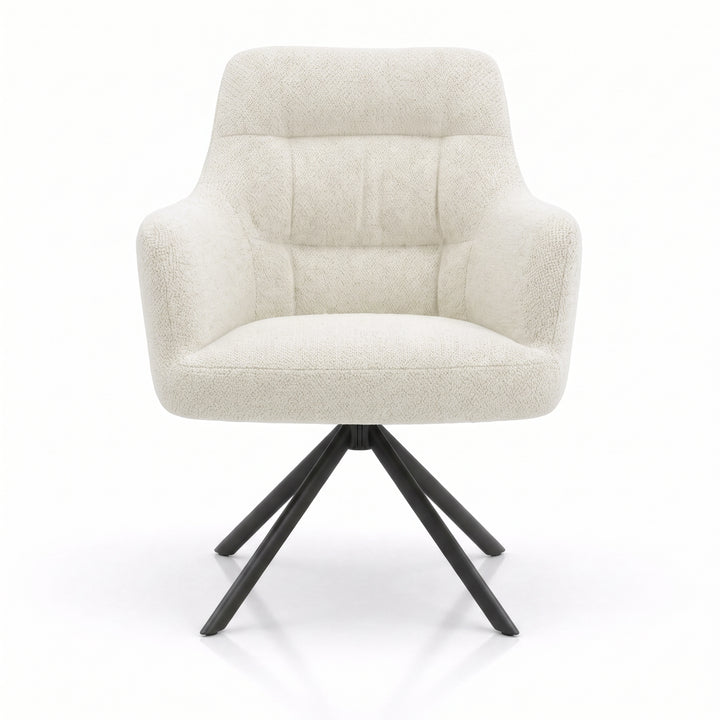 [Cream | Set of 2] Front view of the swivel kitchen chair with rounded arms, stitched padded back, wide tub seat & black legs