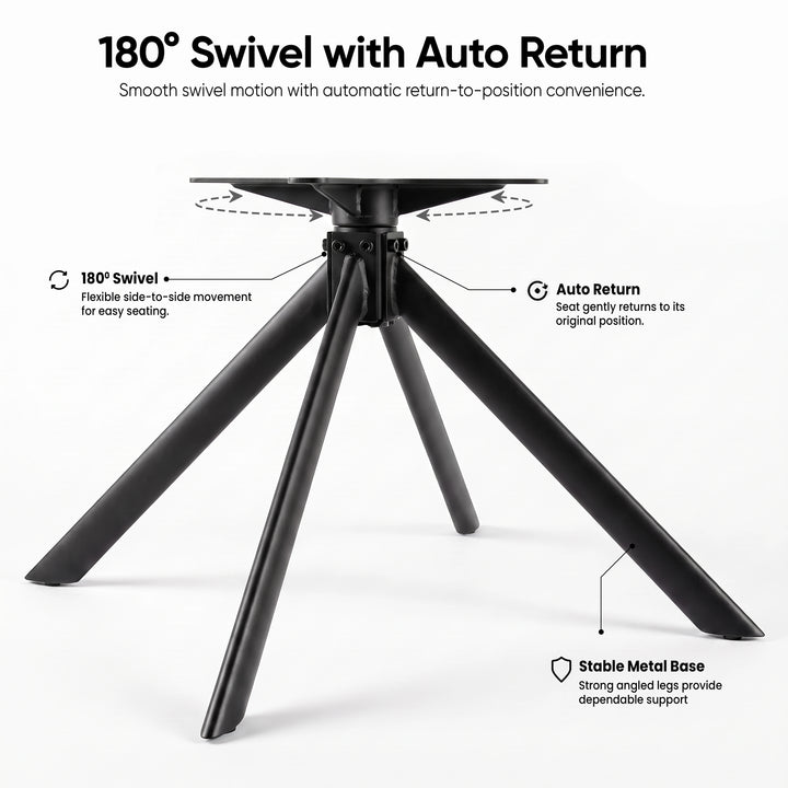 [Cream | Set of 4] Swivel view of the boucle swivel dining chair with Black metal swivel base with four legs and explanatory text showing 180° swivel and auto return features