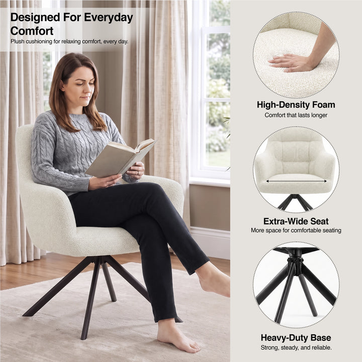 [Cream | Set of 2] Woman reading in a swivel chair, showing high-density foam, extra-wide seat and a heavy-duty metal base.
