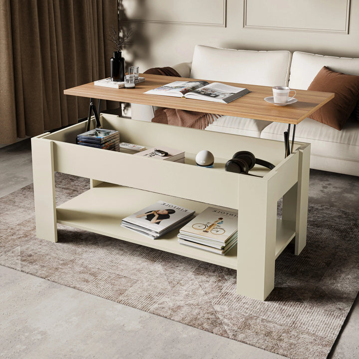 [Cream + Pine] Lift top coffee table with pine top raised showing storage cavity and magazines on lower shelf