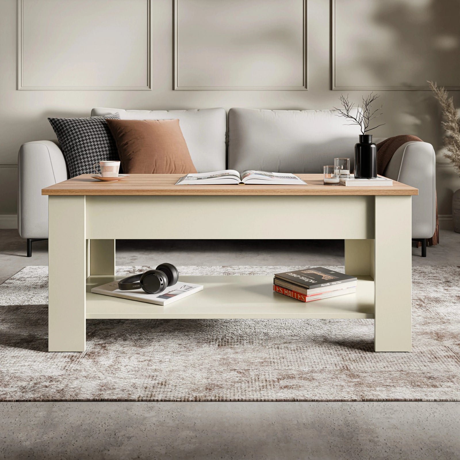 [Cream + Pine] Lift top coffee table closed with pine top and cream body in living room.