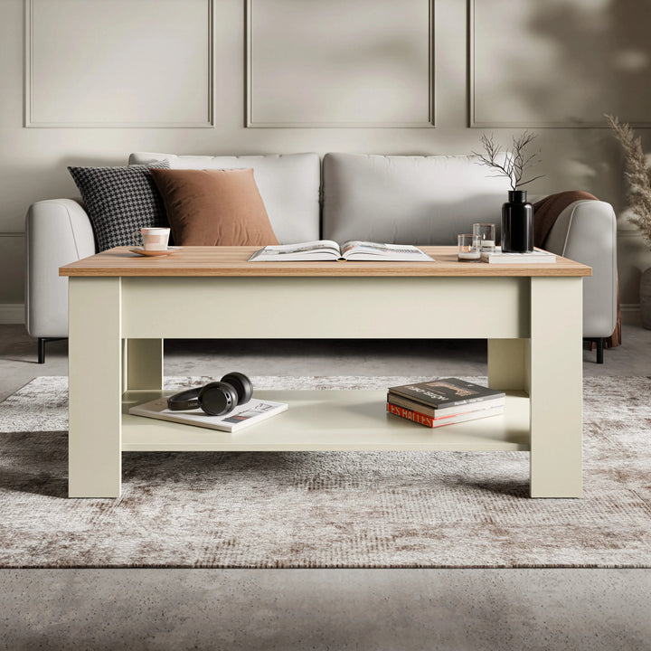 [Cream + Pine] Lift top coffee table closed with pine top and cream body in living room.