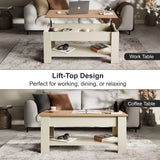 [Cream + Pine] Lift top coffee table shown open as work table and closed.