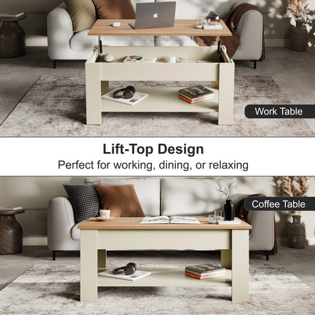 [Cream + Pine] Lift top coffee table shown open as work table and closed.