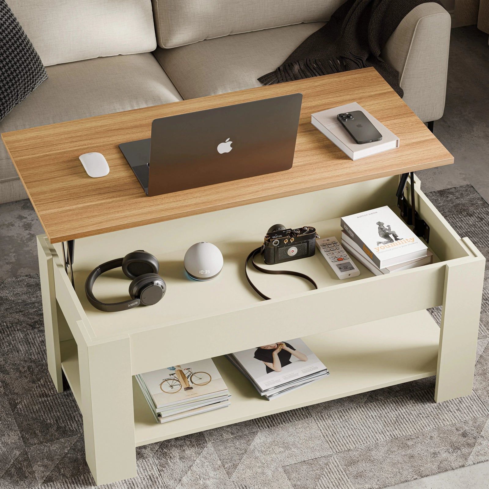 [Cream + Pine] Lift top coffee table raised with laptop on pine top and cream body.