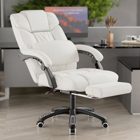 cream office chair fully reclined with extended footrest shown for maximum relaxation