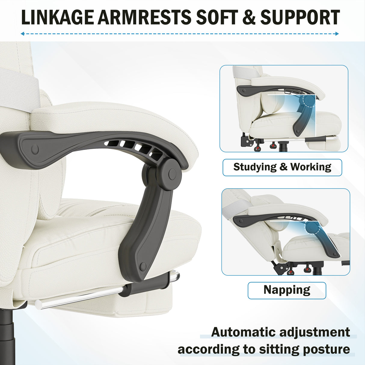 cream adjustable chair shown with moving armrests and inset demonstrating motion during recline and upright sitting