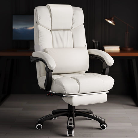 cream leather office chair with footrest and lumbar support pillow placed next to a stylish home desk