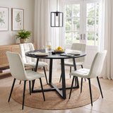 [Cream | Set of 4] Velvet dining chairs around a round black table, showing tufted seats and curved backs from front and rear.