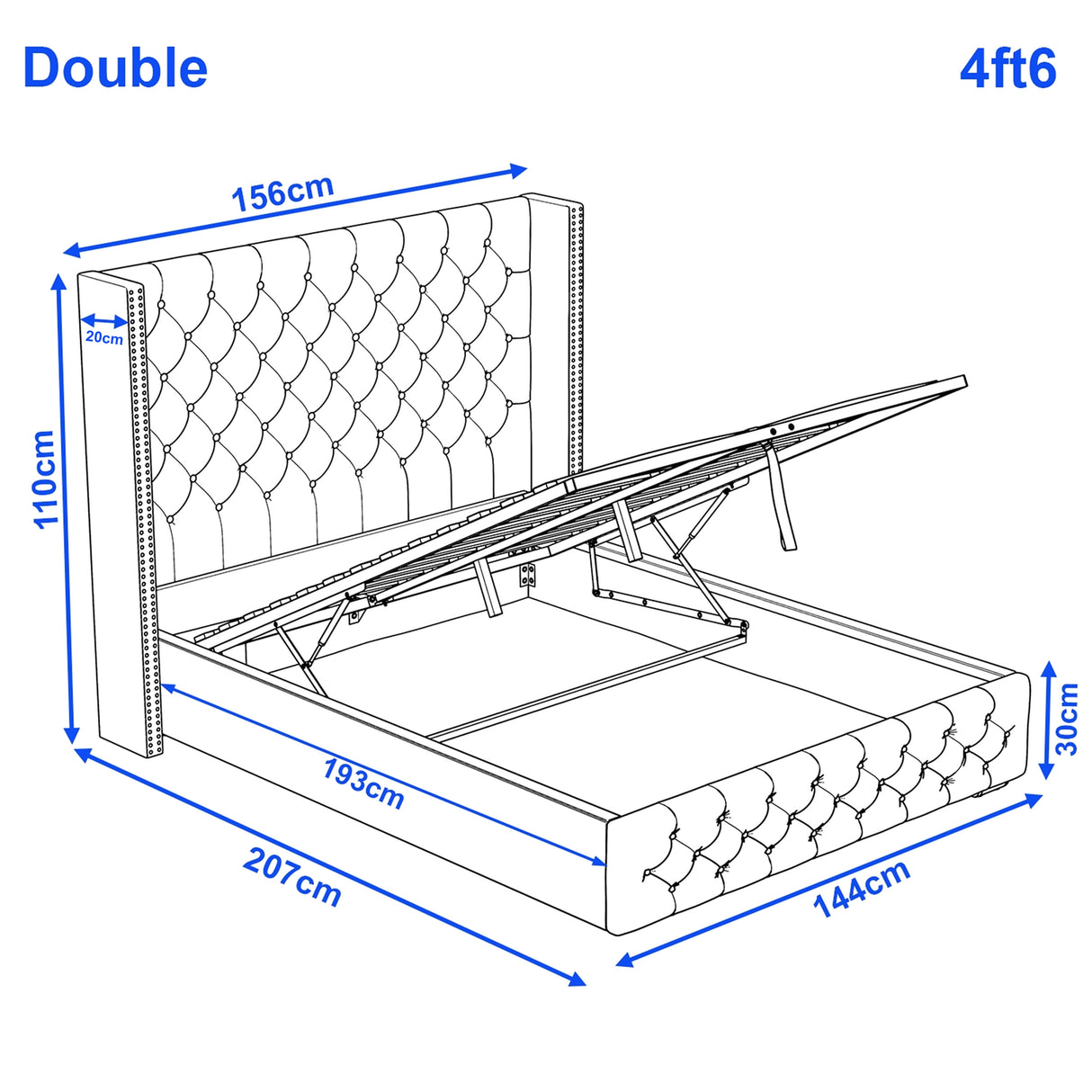 [Double | Beige] Cross storage bed measurements shown: 4ft6 double frame 156 x 207cm, base 30cm high, headboard 110cm