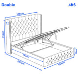 [Double | Beige] Cross storage bed measurements shown: 4ft6 double frame 156 x 207cm, base 30cm high, headboard 110cm
