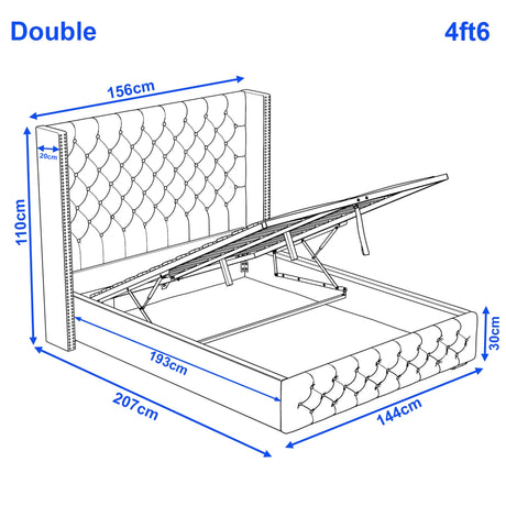 [Double | Beige] Cross storage bed measurements shown: 4ft6 double frame 156 x 207cm, base 30cm high, headboard 110cm