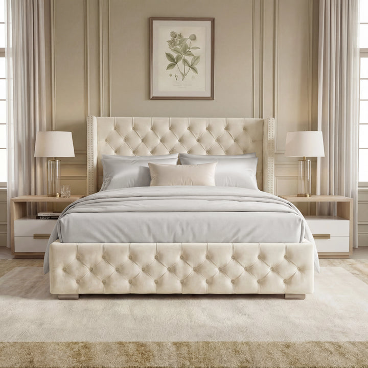 [Double | Beige] Front view of Cross ottoman bed with diamond tufted headboard and footboard centred between nightstands