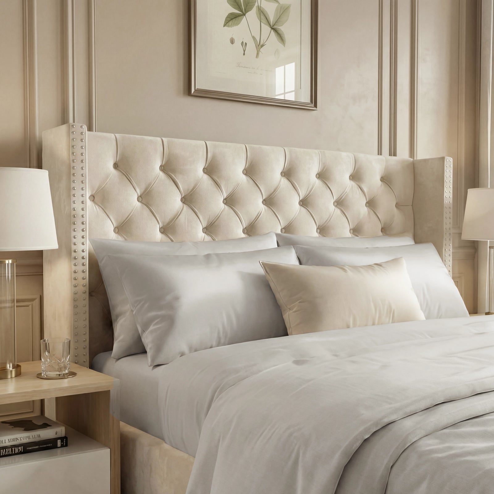 [Double | Beige] Cross storage bed headboard detail showing criss-cross tufted velvet panel and studded winged edges