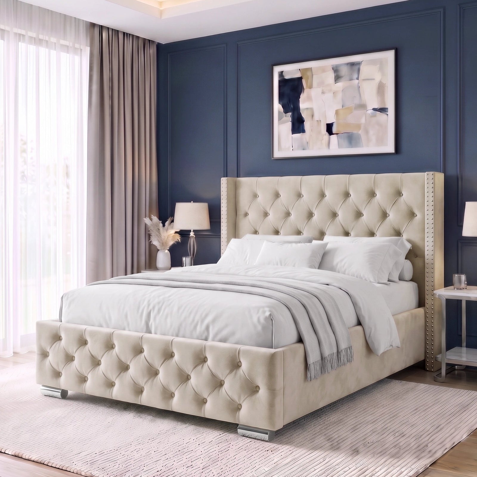 [Double | Beige] A modern upholstered bed with a tufted beige headboard and footboard, styled in a contemporary bedroom with a dark blue paneled wall, matching rug, and bedside tables.