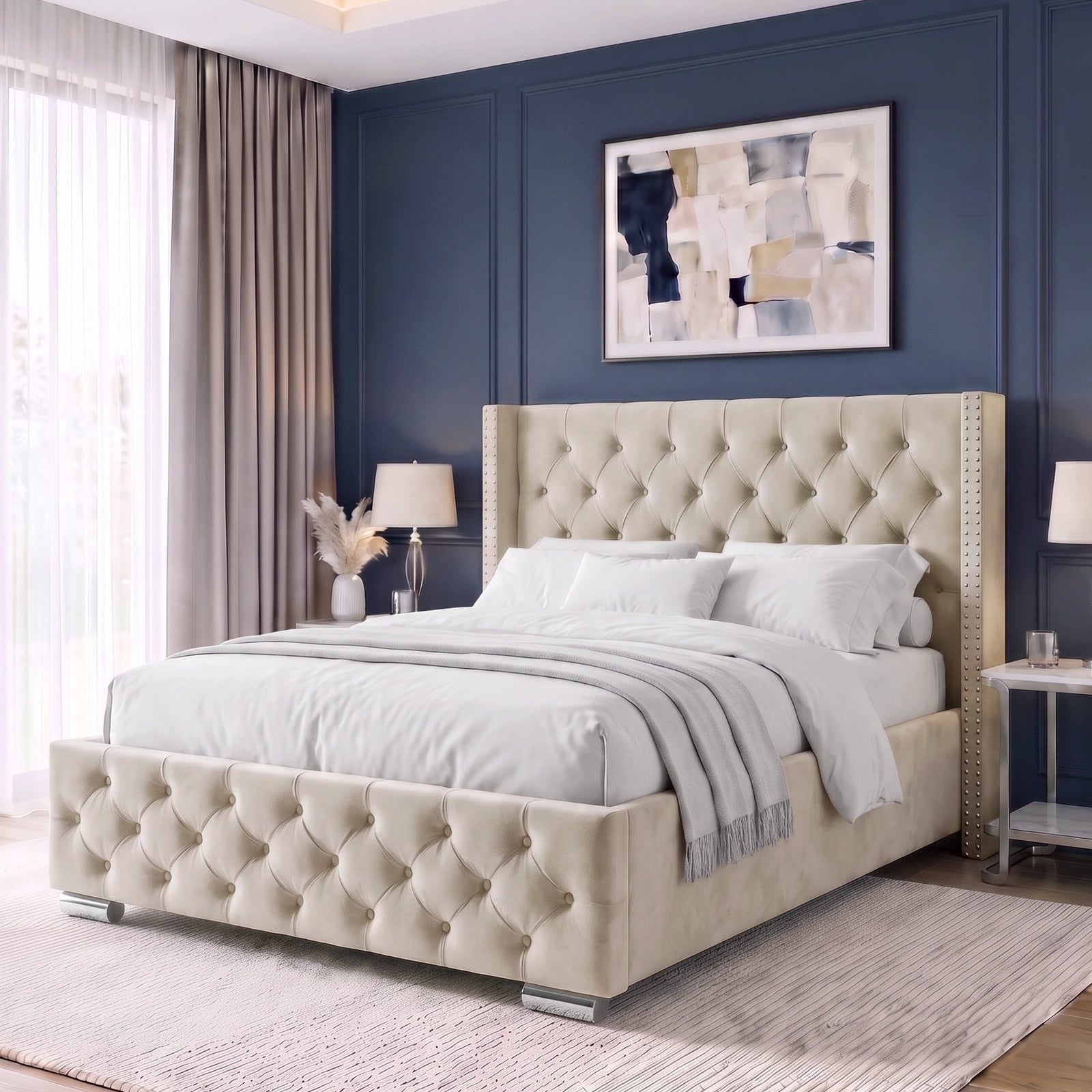 [Double | Beige] A modern upholstered bed with a tufted beige headboard and footboard, styled in a contemporary bedroom with a dark blue paneled wall, matching rug, and bedside tables.