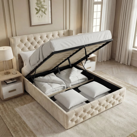 [Double | Beige] Open storage view of Cross ottoman bed showing lifted mattress platform and pillows packed in the base