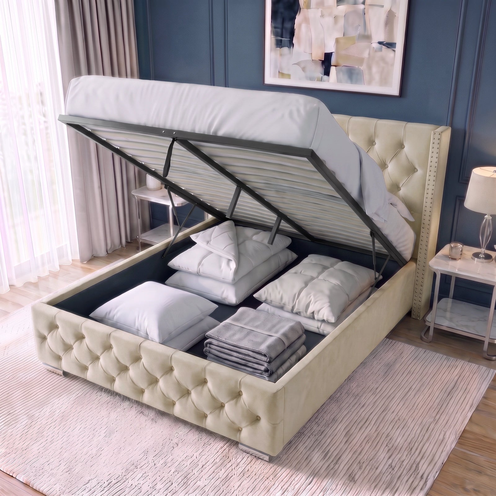 [Double | Beige] Open storage view of Cross ottoman bed showing lifted mattress platform and pillows packed in the base