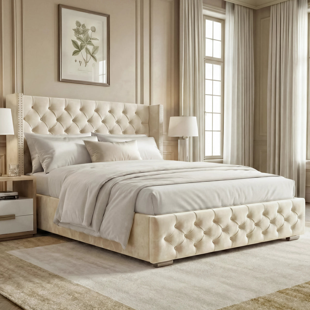 Cross Pattern Velvet Ottoman Storage Bed Winged Bed Frame