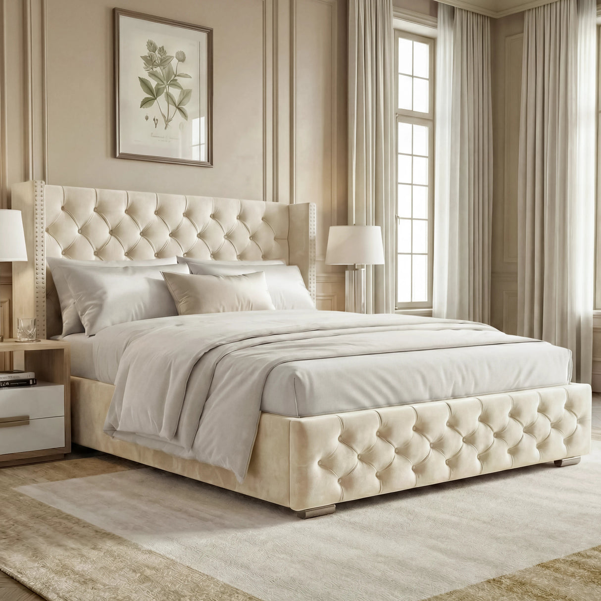 [Beige | Double] Cross ottoman bed with winged tufted headboard and diamond-buttoned base in panelled bedroom