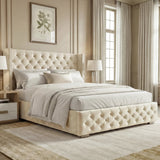 [Beige | Double] Cross ottoman bed with winged tufted headboard and diamond-buttoned base in panelled bedroom