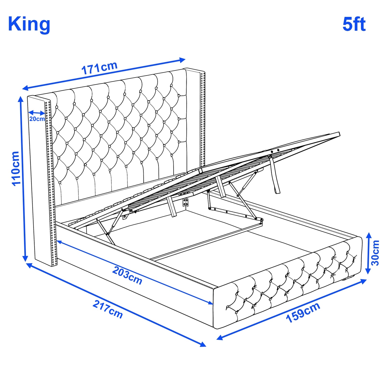 [King | Beige] Cross ottoman bed dimensions, King 171cm wide, 217cm long, 110cm headboard, 30cm footboard