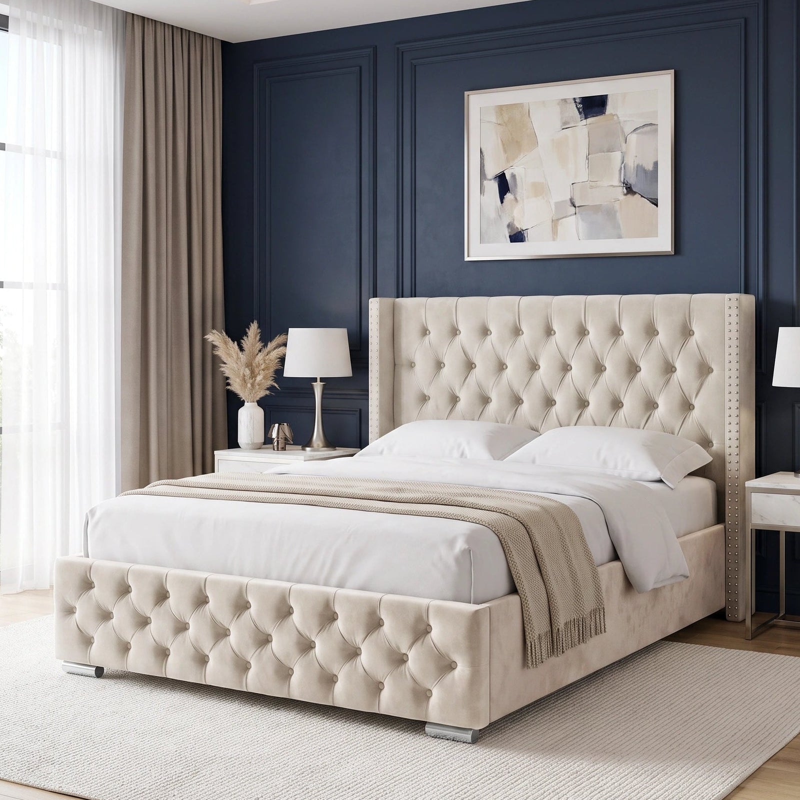 [King | Beige] Cross ottoman bed side-angle, diamond-tufted headboard and footboard on oak-tone flooring