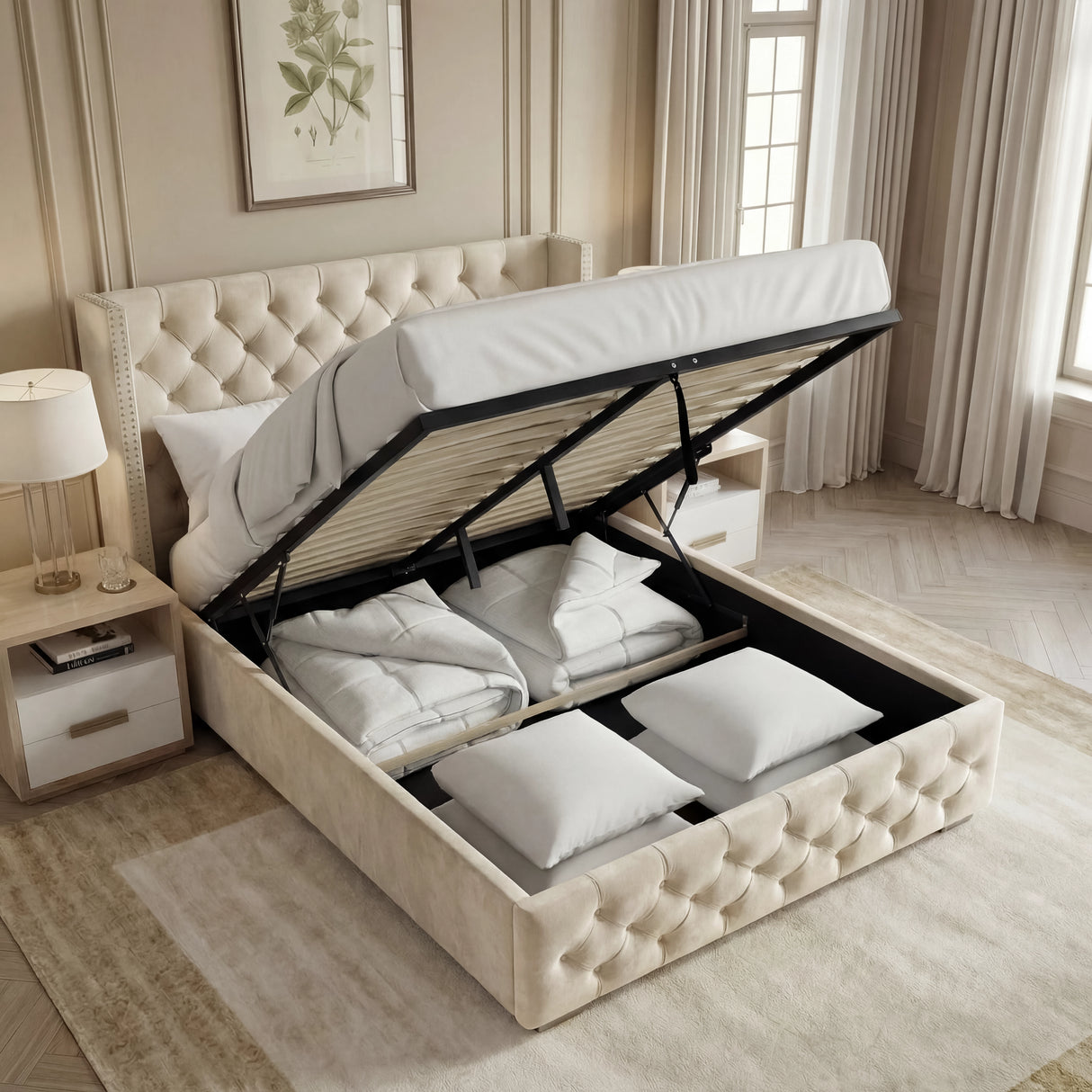 [King | Beige] Cross ottoman bed opened at the foot, hydraulic piston holding the slatted platform up